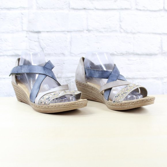 RIEKER Blue Brown Strappy Wedge Heeled Sandals Siz - Picture 3 of 9